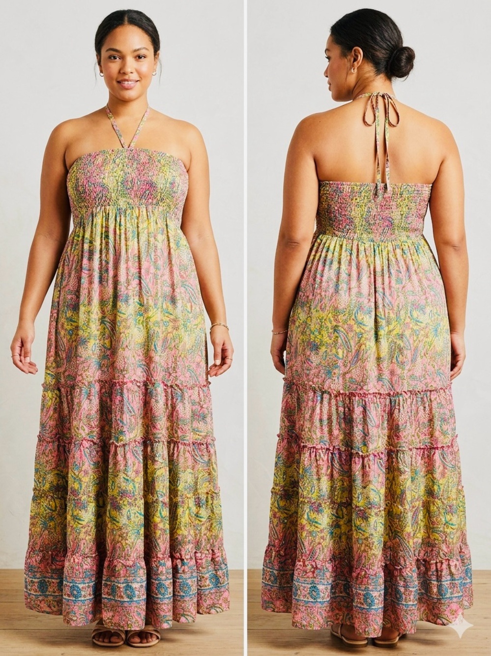 Paisley Tiered Halter Maxi Dress in Pink and Green